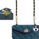 UnnFiko Wallet Phone Case Compatible with iPhone 17 Pro, Cute Light Luxury Bag Design, Purse Flip Card Pouch Cover Soft Silicone Case with Handstrap Long Shoulder Strap (Dark Green, iPhone 17 Pro)