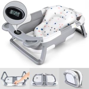 Collapsible Baby Bathtub, Durable Portable Travel Baby Bath Tub with Soft Cushion & Thermometer & Drain Hole, Non-Slip Hanging and Detachable Bathtub for Newborn to Toddler 0-36 Months(Grey)