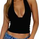 ForeFair Women Sexy Halter Deep V Neck Backless Crop Tank Top Open Back Sleeveless Slim Fit Y2k Summer Tops (Black, XS)