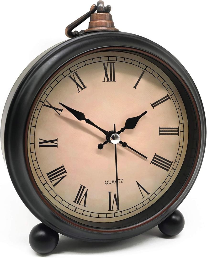 TooTa Vintage Retro Analog Alarm Clock, 4 inch Super Silent Non Ticking Small Clock with Night Light, Battery Operated, Simply Design, for Living Room, Bedroom, Bedside, Desk, Gift Clock (Roman)