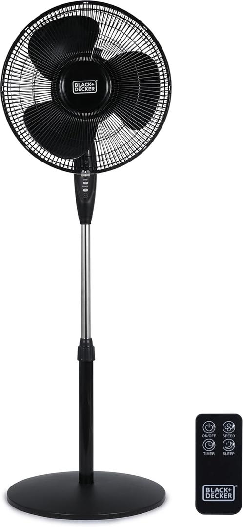 BLACK+DECKER 16 Inches Stand Fan with Pedestal Base, Height Adjustable Pedestal Fan with Remote and Touch Control Panel, Free Standing Fan with 90-Degree Oscillating and 3-Speed Settings, Black