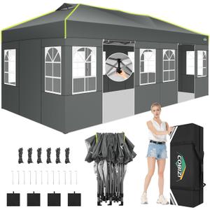 COBIZI 10x20 Pop Up Canopy Tent, Outdoor Party Tent with 6 Sidewall One Push Setup Glow, 3 Adjustable Height Air Vent Waterproof UPF50+, Bag, 4 Sandbag, 6 Stake, 12 Rope for Beach, Commercial