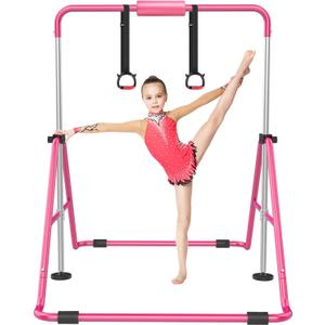RINREA Gymnastic Bars for Kids with Adjustable Height, Folding Gymnastic Training Kip Bar, Expandable Horizontal Bar for Home (Pink)