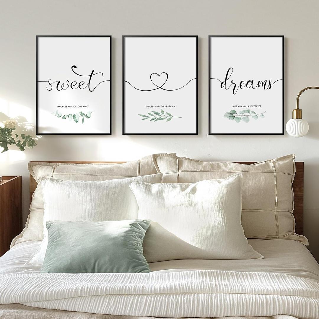 Framed 3 Piece Wall Art Bedroom, Sweet Dreams Signs Pictures Wall Decor Above Bed, Modern Minimalist Master Guest Room Wall Decor, Painting Print Script White Canvas Artwork for Walls, 12x16 Inch (Black and White)