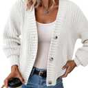 Womens Chunky Knit Cardigan Waffle Knit Button Down Oversized V Neck Fall Sweater for Casual Layering (Large,White)