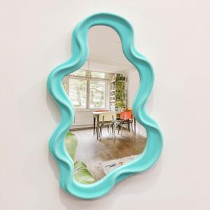 Wall Mirror Home Office Decor, Irregular Wall-Mounted Decorative Mirrors for Modern Apartment Bedroom Laundry Room Decoration, Hanging Wall Art Above TV Desk Table Decor (Turquoise Blue) (16x10")