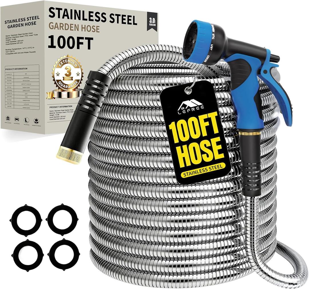 Lefree 100ft Metal Garden Hose - Heavy Duty 304 Stainless Steel Flexible Water Hose, No Kinks & Leak-Proof with Upgraded Handle, 10-Function Spray Nozzle & 4 Spare Gaskets for Yard, RV, Pet Bath (Silver)