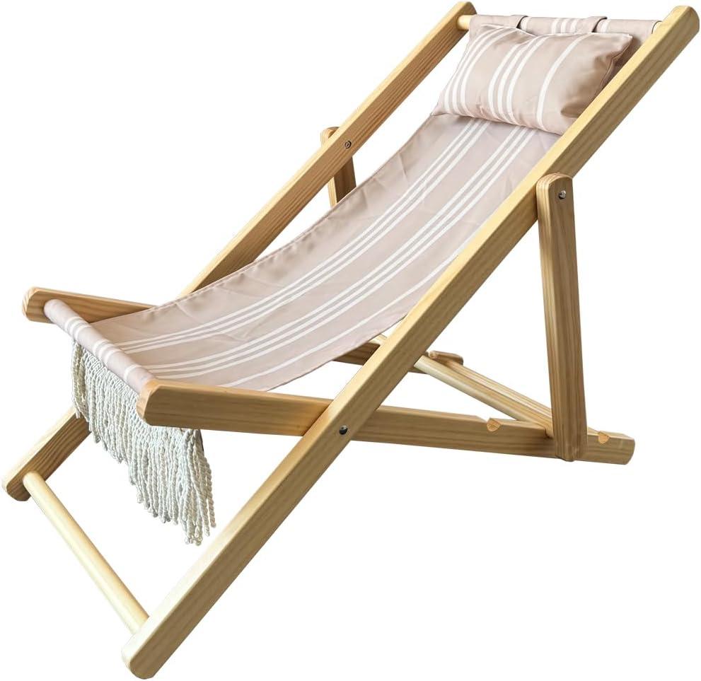 Childrens Vintage Sun Lounger Sling Chair | Wooden Frame with Canvas Fabric | Outdoor Folding Deck Chair for Kids Ages 5+ | Portable & Lightweight for Backyard, Poolside, or Beach (Rope)