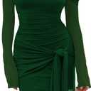 HOCILLE Women's Sexy Off Shoulder Bodycon Mini Dress Mesh Long Sleeve Wrap Tie Waist Ruched Party Dresses, X-Small, Dark Green