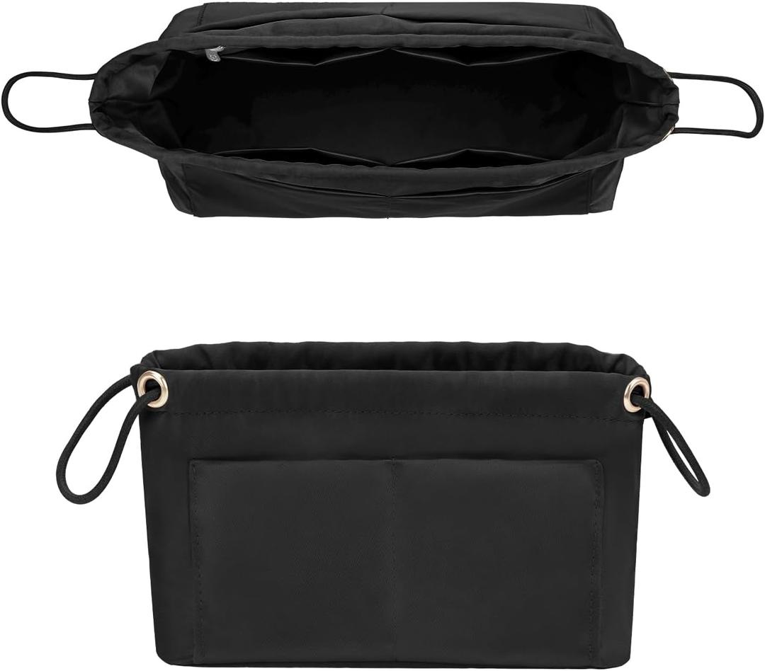 GIVLEFLY Purse Organizer Insert with Multiple Pockets, Drawstring Satin Tote Bag Organizer, Light Weight Purse Liner with Zipper Pocket Fit for City 23 Carryall BB and More (Black, Small)