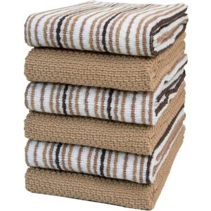 Kitchen Towels 16x 26 - 6 Pack | Large Cotton Dish Towels | Popcorn Stripe Design | 430 GSM Highly Absorbent with Hanging Loop | Tan