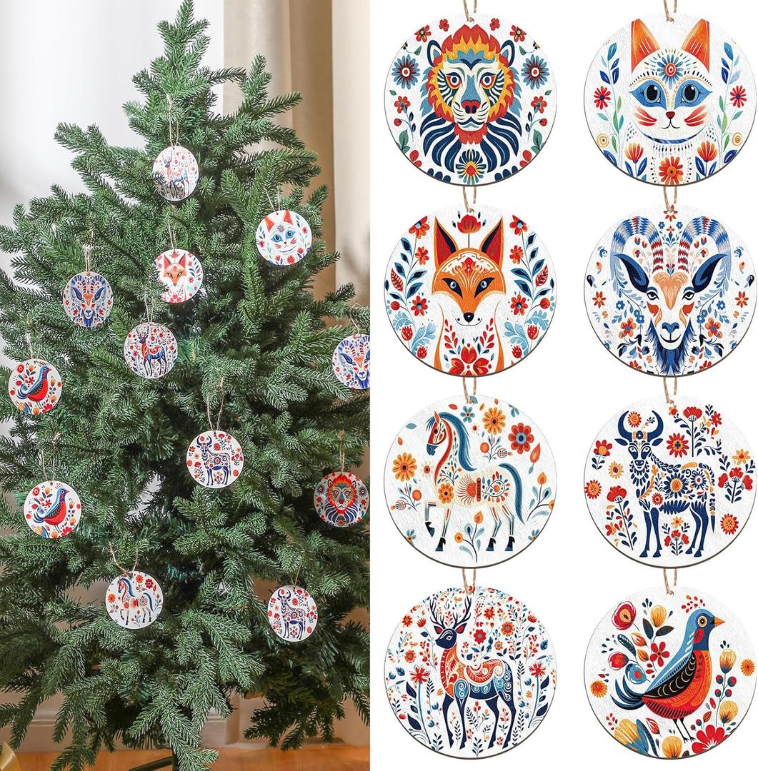 24 Pcs Scandinavian Folk Style Christmas Ornament Scandinavian Folk Ornament Bundle Swedish Norwegian Christmas Ornaments Decorative Hanging Ornaments for Xmas, 8 Styles