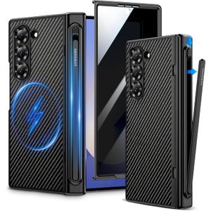 VEGO for Z Fold 6 Case with S Pen Holder, Compatible with MagSafe, with Hinge Protection & Front Privacy Screen Protector, Magnetic Slim PU Leather Cover for Galaxy Z Fold 6 - Carbon Fiber Black