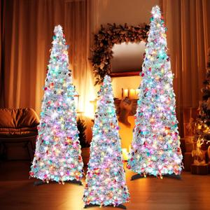 Shappy 4/5/6 Ft Collapsible Christmas Tree with Lights Artificial Pop up Tinsel Pencil Skinny Xmas Trees for Home Party Holiday Decorations(Silver,3 Set)