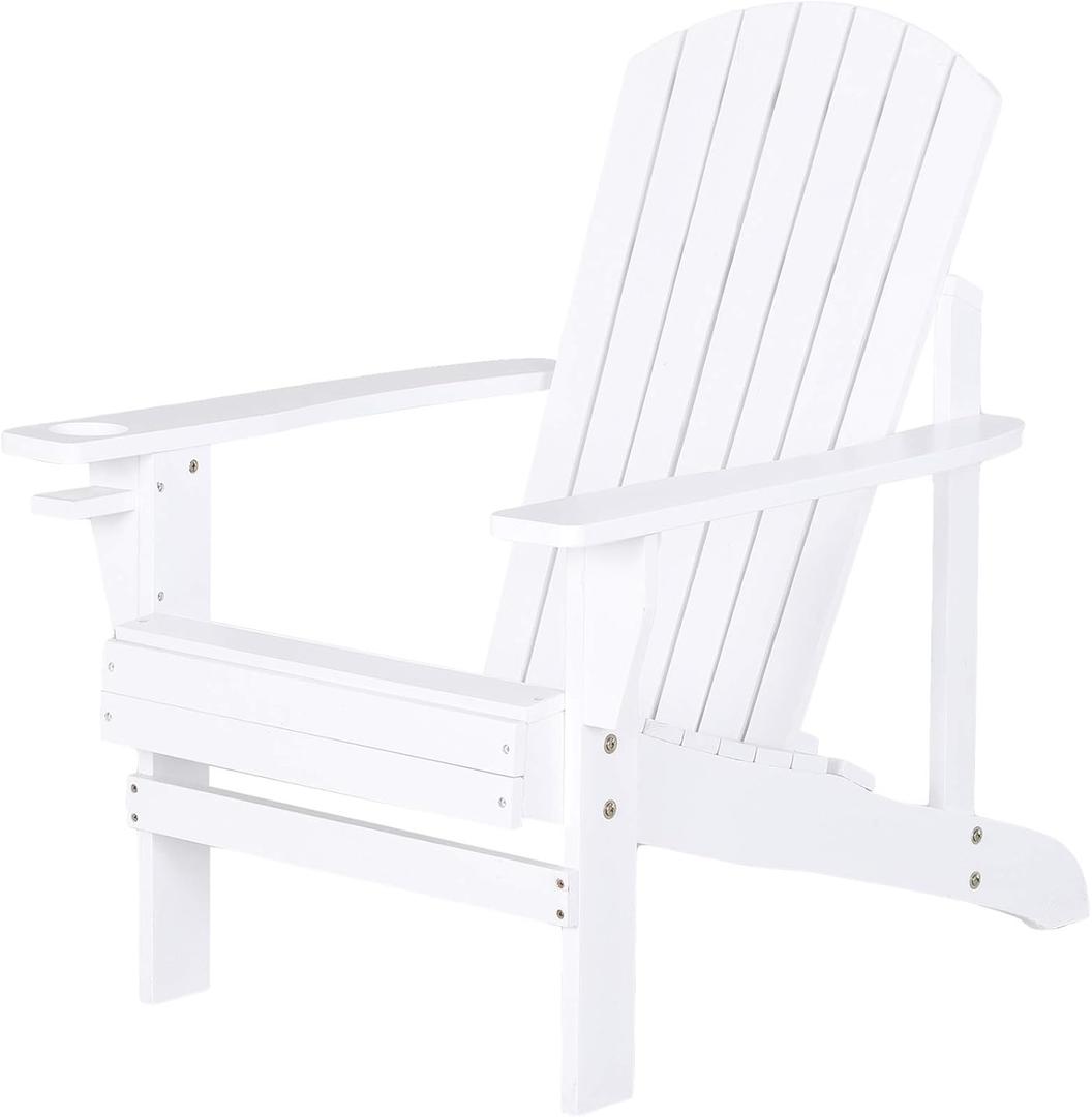 Outsunny Wooden Adirondack Chair, Outdoor Patio Lawn Chair with Cup Holder, Weather Resistant Lawn Furniture, Classic Lounge for Deck, Garden, Backyard, Fire Pit, White