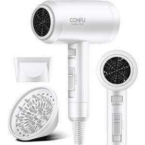Hair Dryer with Diffuser, CONFU Blow Dryer for Curly Hair for Women Men, 21000PRM Travel Hair Dryer, Portable Lightweight Fast Drying Negative Ion Hairdryer for Home & Travel (White)