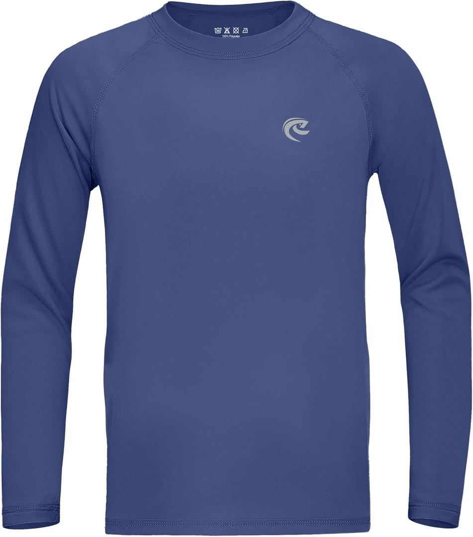 Boys UPF 50+ Swim Shirt Long Sleeve, 1 or 2 Pack UV Sun Protection Rash Guard, Youth Kids SPF Water Shirts for Beach Surf (X-Large, Crew Neck-dark Blue)