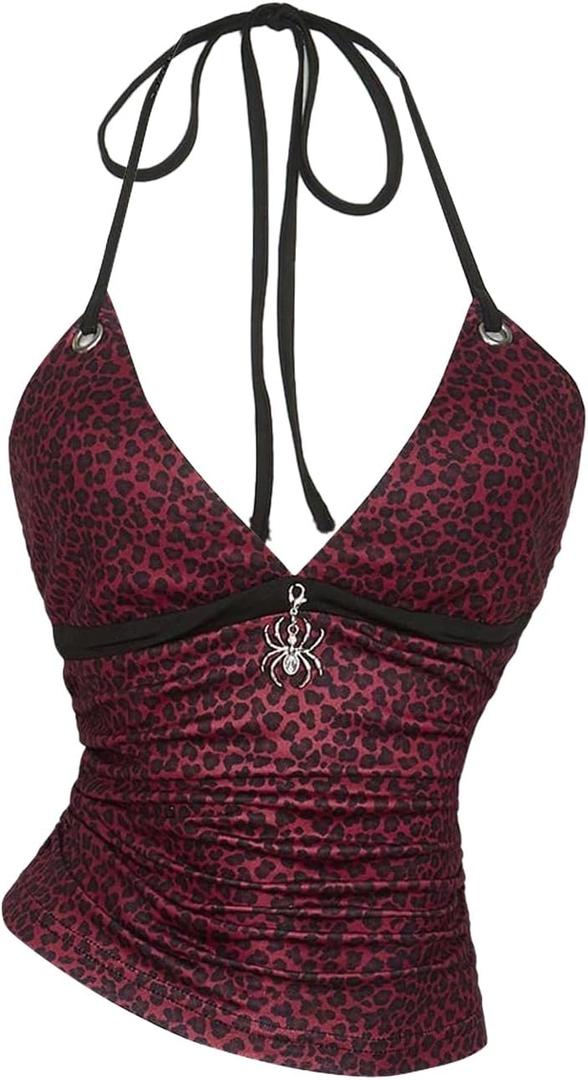 RoseSeek Women's Leopard Print Halter Tops Gothic Deep V Neck Sleeveless Music Festival Crop Top (Medium, Red)