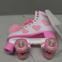 Women's and Girl's Classic Roller Skates with Light up Wheels and Love Heart Pattern, High-top PU Leather Rollerskates (WHITE)