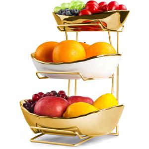 Fruit Bowl for Kitchen Counter, 3 Tier Fruit Basket for Counter, Ceramic Fruit Holder, Tiered Fruit Stand with Metal Stand, Detachable Rack for Fruit Vegetable Snack Dessert Storage (Gold)