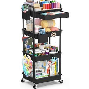 4 Tier Rolling Utility Cart with Drawer, Storage Organizer Cart with 2 Lockable Wheels, Multifunctional Rolling Storage Cart for Bathroom, Kitchen, Craft, Makeup, Baby Essentials, Black