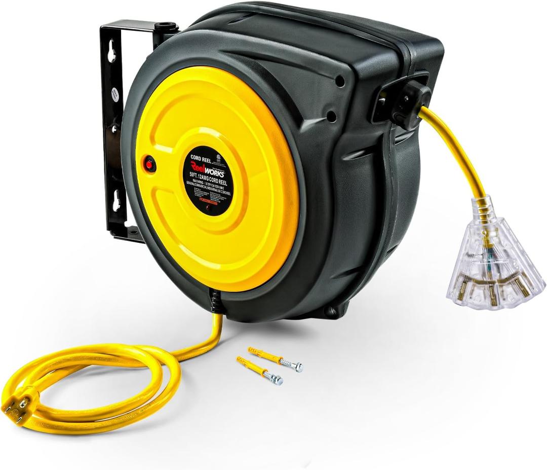 ReelWorks Extension Cord Reel Retractable 12AWG x 50' Foot 3C/SJTOW Glow Strip Cable and Lightup Triple Tap Connector Advanced Slow Retraction Technology (SRT)