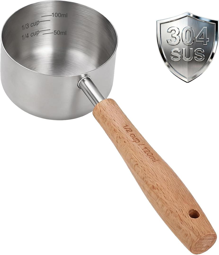 1PCS 1/2Cup(120ml | 4oz) Dog Cat Food Scoop, 18/8(304) Stainless Steel Measuring Cup with Wooden Handle, Etched Measurements Inside, BPA Free Portion Control for Pets & Kitchen Use