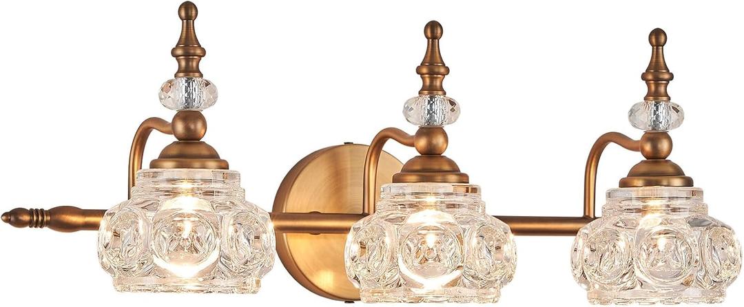 Vintage Vanity Light Fixture, 3 Lights Bathroom Lighting Matte Brushed Antique Brass Finish with Crystal Glass Shade, Vintage Vanity Light for Bathroom Bedroom Living Room