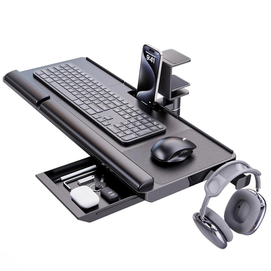 Klearlook Keyboard Tray Under Desk with 360° Rotation, Ergonomic Computer Keyboard & Mouse Tray 25"W×11.02"D Sit Stand Desk Keyboard Holder w/Wrist Rest & Storage Drawer (Height is not Adjustable)