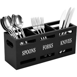 Kitchen Utensils Holder for Counter, Wooden Utensil Organizer for Storage Cooking and Silverware, Black Cooking Utensil Storage Box for Countertop,Wood Organizer with 3 Compartments,Rustic Minimalist.