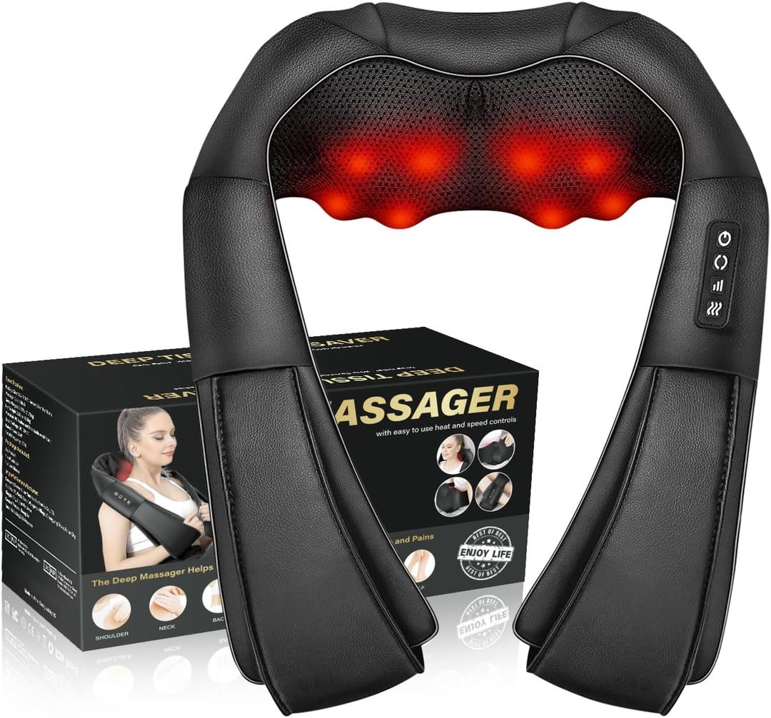Neck Massager with Heat, Back Massager Deep Tissue, Electric 3D Kneading Massage Pillow for Pain Shiatsu Back and Shoulder Massager, Birthday Christmas Gift for Women Men Dad Mom (Black-button)
