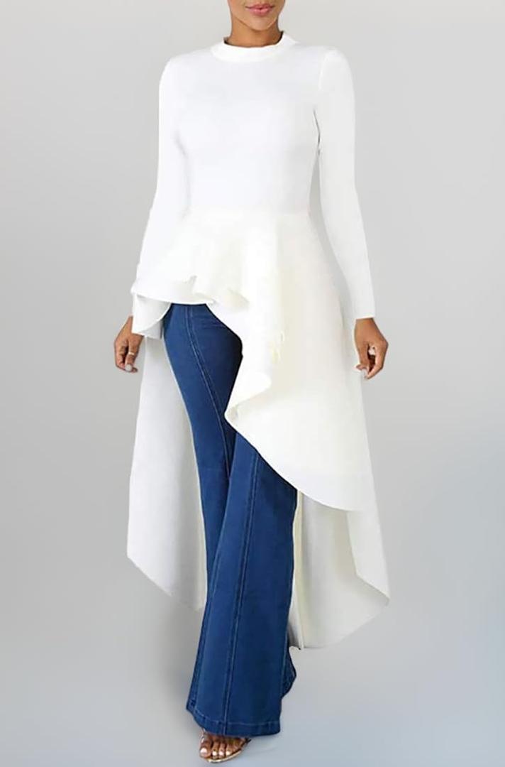 Lrady Womens Casual Shirt Dress High Low Ruffle Blouse Asymmetrical Peplum Tops Long Tunic Dresses (Small)