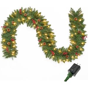 Joiedomi 9 FT Artificial Christmas Garland Prelit with 50 Count Warm White String Lights, Pine Cones and Red Berries for Christmas Holiday Xmas Season Decorations, Plug in Lighted Pine Garland