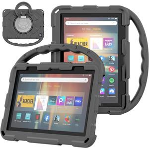 Fire HD 8 Tablet Case for Kids, Amazon Fire HD 8 Case(2024/2022/2020 Release,12th/10th Generation)(Incompatible with iPad and TCL) Rotating 360 Kickstand Lightweight Shockproof Protective Cover(Black)