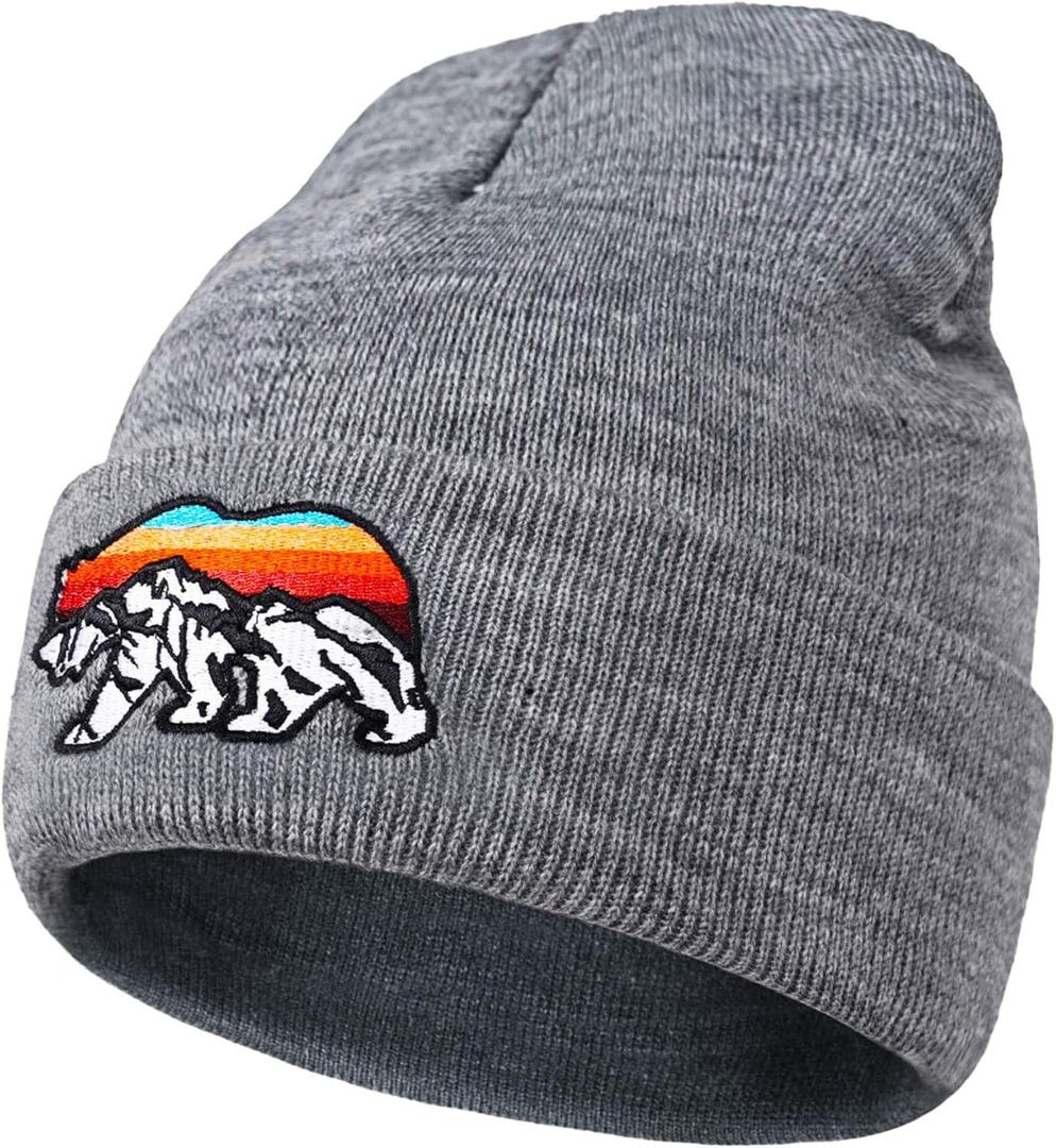 Knit Winter Beanie Hats for Men Women Cuffed Skull Cap with Mountain Embroidery Outdoor Christmas & New Year Gifts (One Size, Bear/Grey)