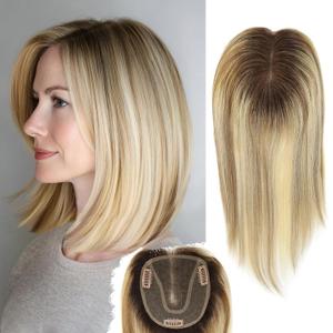 Hair Toppers for Women Real Human Hair No Bangs 4.7 * 5.1 Inch Base 14 Inch Human Hair Topper for Women with ThinningHair Cover Gray Roots (#Ash Blonde Highlights Lowlights Tan) (#HNHVFD)