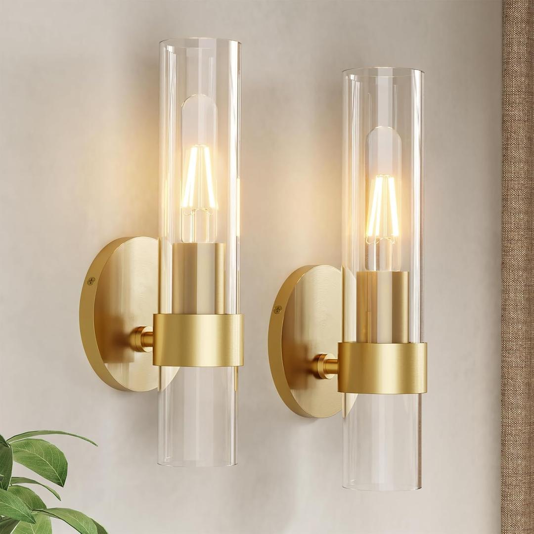 Wall Sconce Set of Two, Hardwired Bathroom Wall Sconces Lighting with Clear Glass, Modern Wall Sconces Set of 2 Wall Light fixtures for Bathroom Mirror Living Room Hallway Bedroom(Gold)