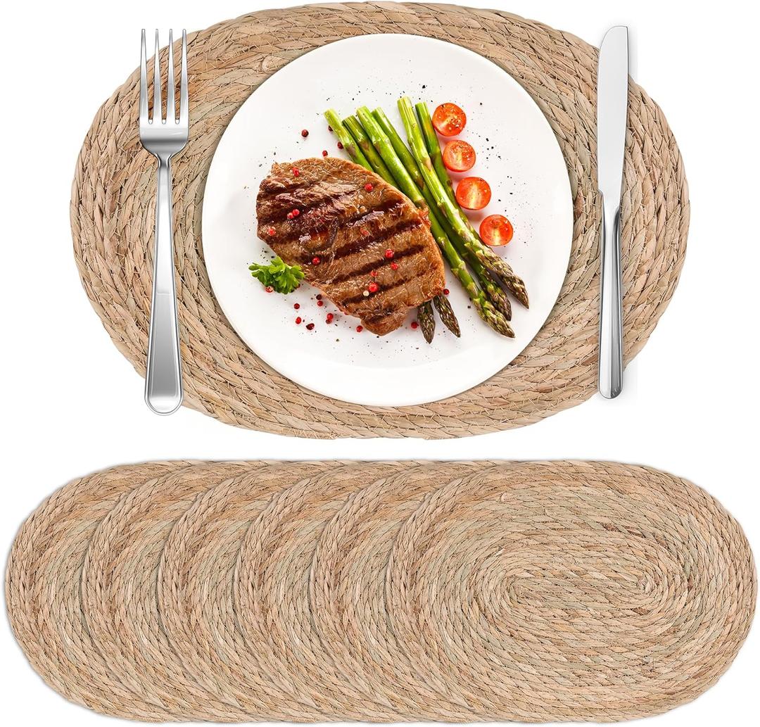 Defined Decoe Set of 6 Woven Rattan Placemats,16x12 Inch Oval Braided Charger Plates, Farmhouse & Boho Vintage Style for Christmas Dining, Kitchen, and Party Decor