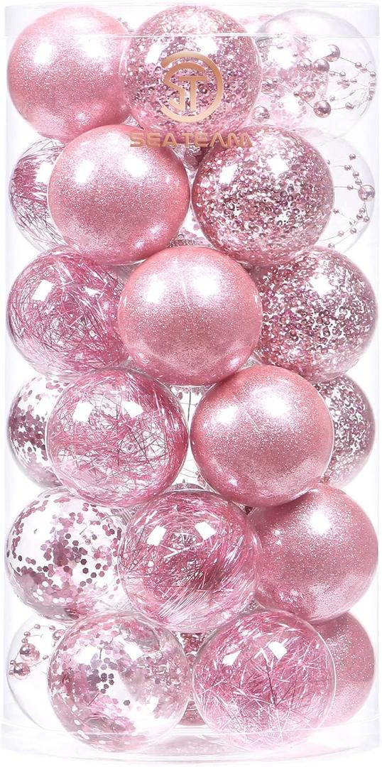 Sea Team 60mm/2.36" Shatterproof Clear Plastic Christmas Tree Ball Ornaments Set, Decorative Hanging Transparent Xmas Baubles with Stuffed Delicate Decorations (30 Counts, Pink)