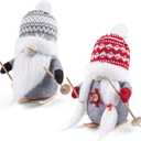 D-FantiX 2Pack Sled Christmas Gnomes Plush with Wood Skis and Ski Poles, Handmade Swedish Tomte Santa Scandinavian Figurine Nordic Plush Elf Doll Gnome Ornaments Christmas Decorations Home Decor