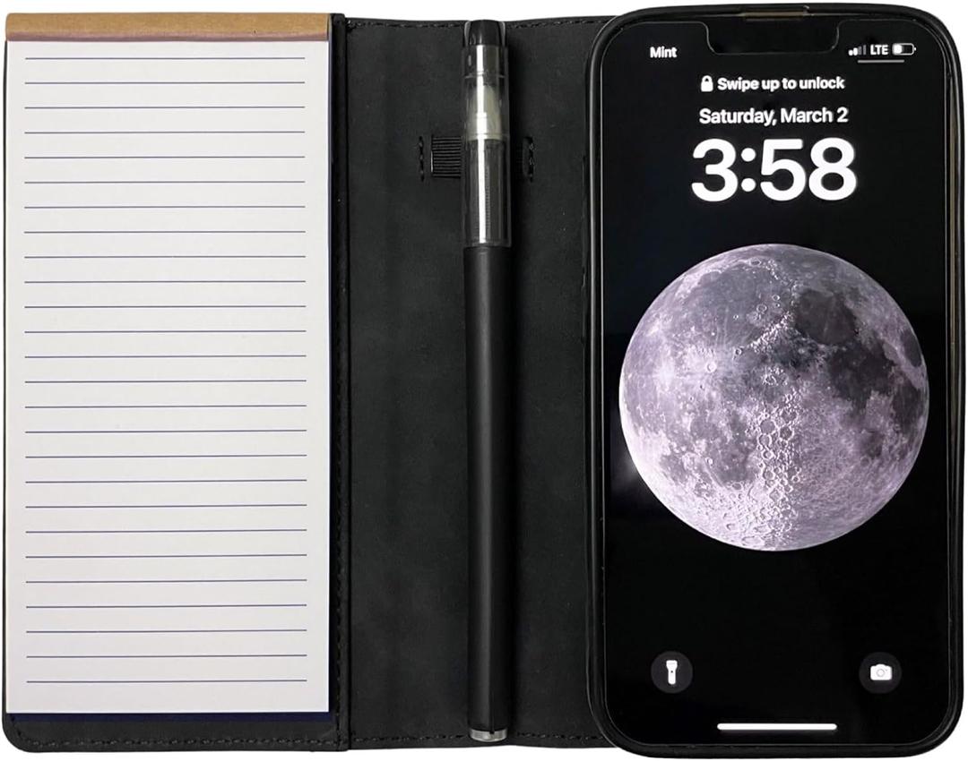 MOJO Notepad Phone Case for iPhone 13/14/15 - Folding Wallet Phone Case with Mini Pen and Note Pad (Black) (Fits iPhone 15 Pro)