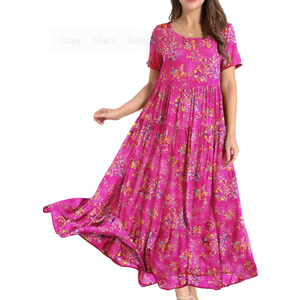 YESNO Women Casual Loose Bohemian Floral Dress with Pockets Short Sleeve Long Maxi Summer Beach Swing Dress EJF, L