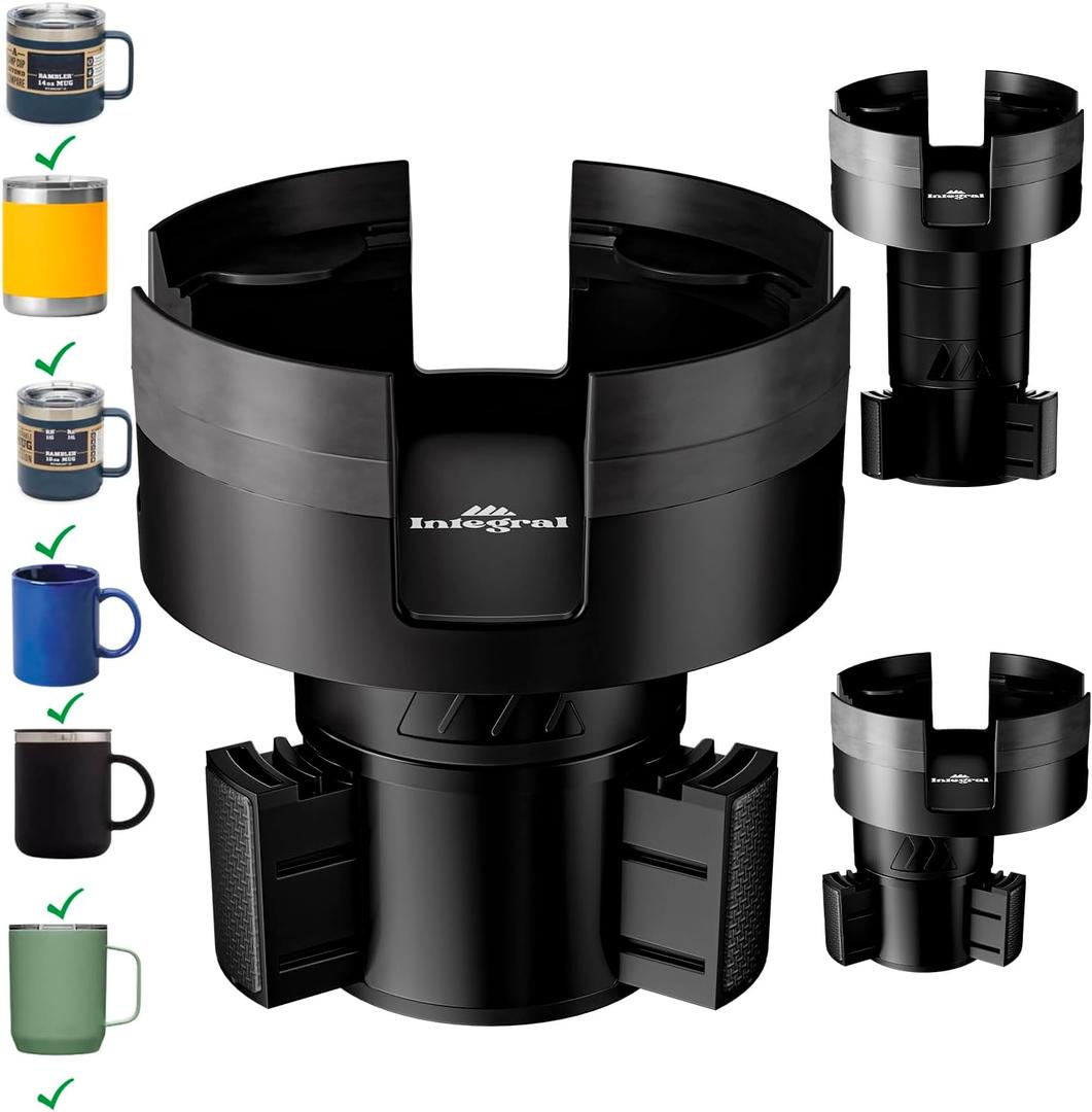 Integral Expandable Mug Holder - YETI 14oz Rambler Cup Holder - Car Cup Holder Expander with Adjustable Base - Rubber Tabs Hold Most Coffee Mugs Ramblers 10oz