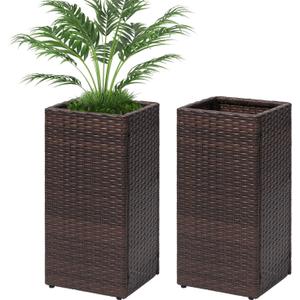 LEWIS&WAYNE Set of 2 Tall Planters for Outdoor Plants Handmade 24'' Wicker Tall Square Planter Box with Removable Liners Modern Planter for Indoor Outdoor Garden Patio Front Porch - Brown