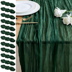 12PCS Table Runner Cheesecloth 10FT Emerald Green Boho Gauze Cheese Cloth Rustic Sheer Table Runners for Wedding Bridal Baby Shower Party Decoration