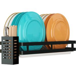 Wall Mounted Stainless Steel Dish Drying Rack Fruit Vegetable Storage Basket with Drainboard and Hanging Chopsticks Cage Kitchen Shelf Utensils Organizer (1 Tier)