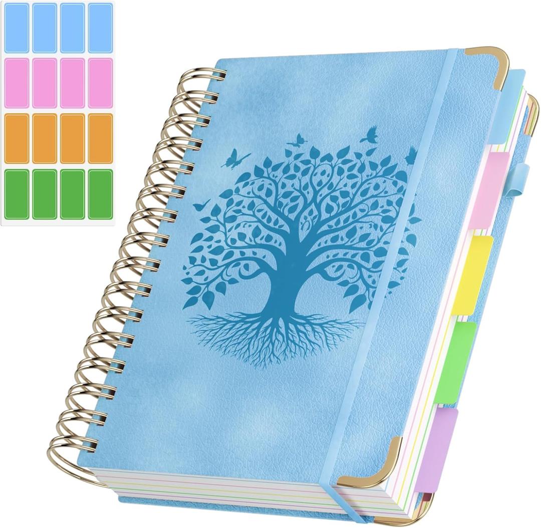 QIYVLOS Hardcover Spiral Notebook, A5 Journal with Removable Dividers Tabs, 5 Subject Notebook College Ruled, 320 Pages 6"x8" Leather Notebooks for Work School Study, Lined Journal for Women, Blue
