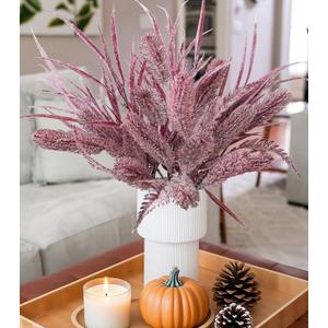 7 PCS Artificial Fall Stem Fake Plants, 26 in Fake Leaves Autumn Greenery Branches Fall Flowers Faux Foliage DIY Stems for Vase Thanksgiving Home Kitchen Office Indoor Centerpiece Table Decoration (Purple)