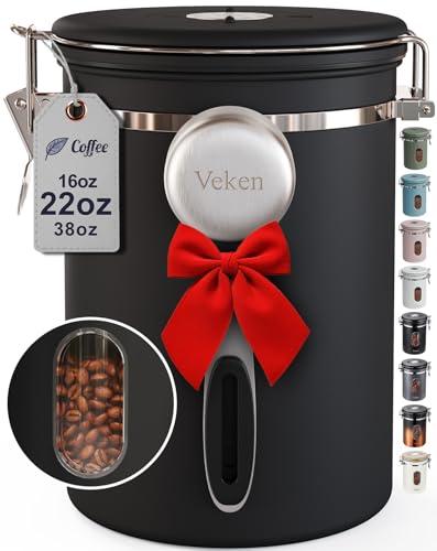 Veken Coffee Canister with Window,Airtight Stainless Steel Pantry Container,Home Kitchen Food Storage Organizers for Ground,Beans,Espresso,Rice,Tea,Sugar,Cereal, Decor,Bar Accessories,Gifts, 22OZ, Black