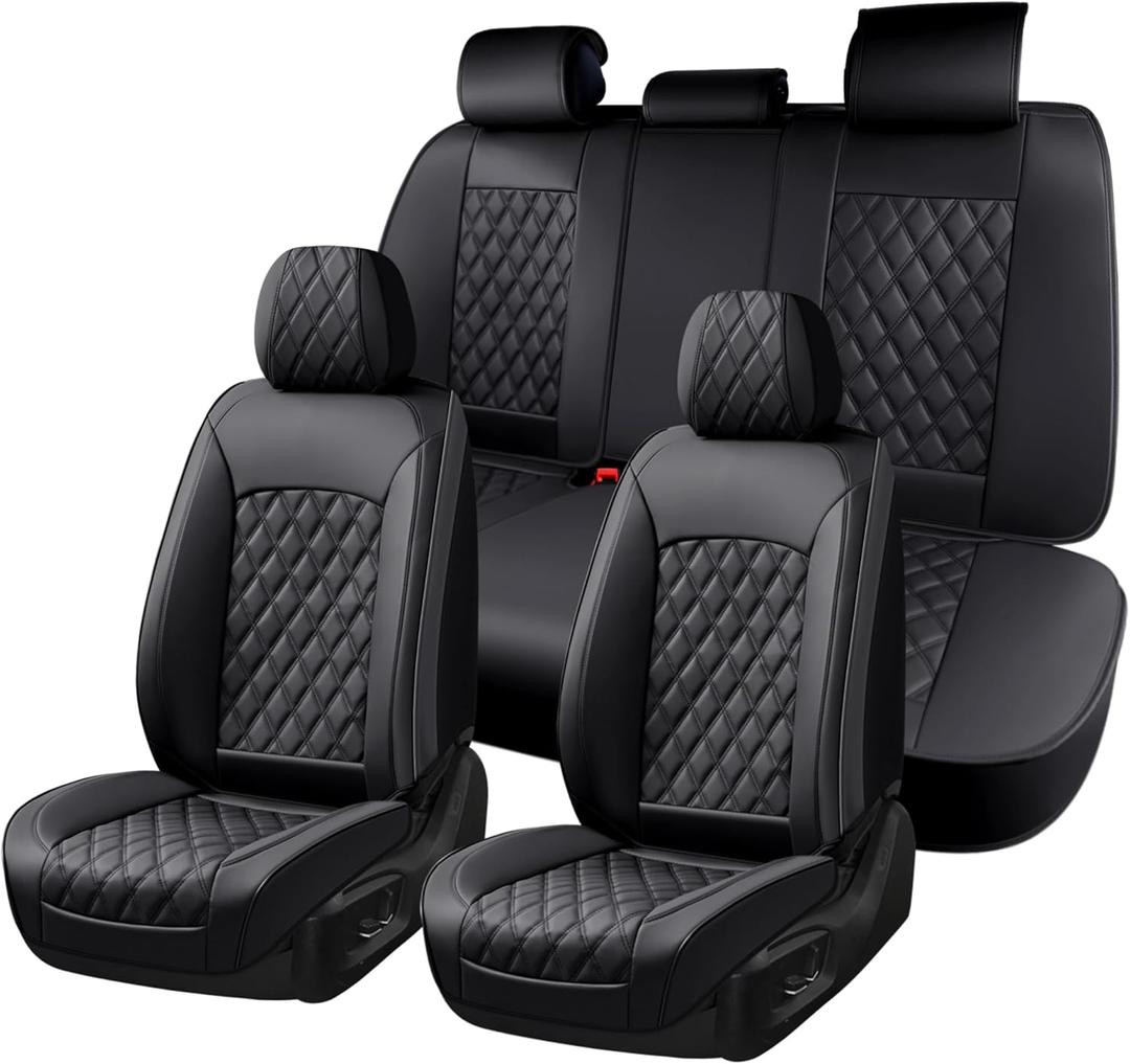 Huidasource Car Seat Covers Full Set, Nappa Leather Seat Covers, Front & Split Rear Bench Car Seat Cover, Zipper, Velcro Adjustable, Universal Fit for Most Cars, Vans, Trucks, SUVs (Full Set/Black)